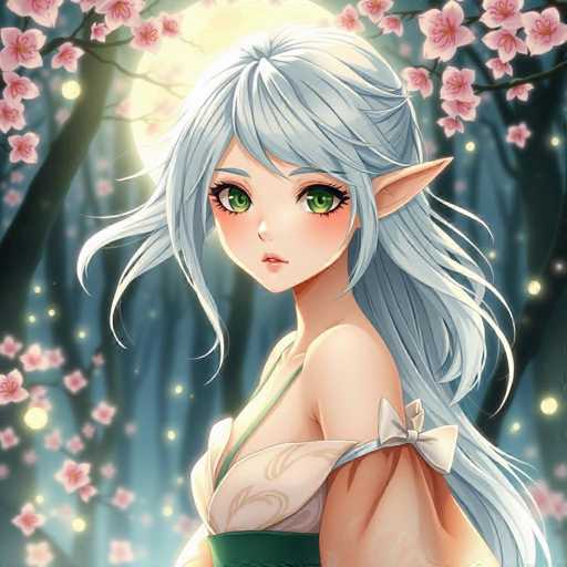 This detailed illustration features a young anime-style female character with long, flowing white hair and striking green eyes. She has pointed ears, reminiscent of an elf, adding a fantastical element to her appearance. The character is dressed in a white top adorned with a green sash around her waist, and a delicate bow on her left shoulder. Her pose is slightly turned to the left, with her head tilted in the same direction, giving her a contemplative look. The background is a serene night scene, illuminated by a large, glowing moon that casts a soft light over the landscape. Pink cherry blossom trees frame the scene, their branches extending gracefully around her. The overall atmosphere is magical and enchanting, with the moonlight enhancing the ethereal quality of the illustration.