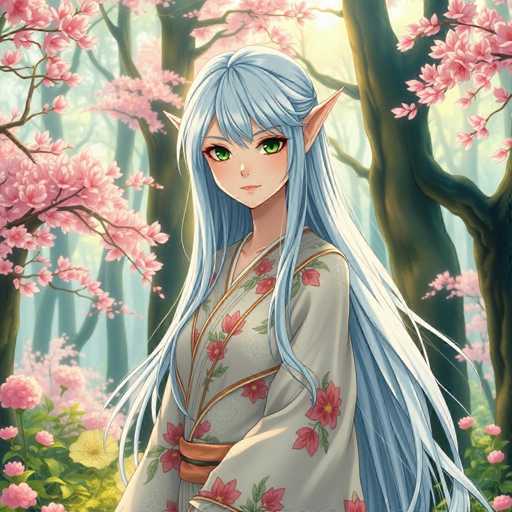 This detailed illustration features a young female character with distinct anime-inspired attributes. She has long, flowing blue hair that cascades down her back, with bangs partially covering her forehead. Her striking green eyes are framed by long, pointed ears that extend outward, giving her an otherworldly appearance. She is dressed in a traditional kimono, predominantly white with intricate red floral patterns and green leaves adorning the fabric. The kimono is cinched at the waist with a brown belt, adding a touch of earthy contrast to her attire. The character stands in a serene, forested area, surrounded by tall trees that are adorned with delicate pink blossoms. The ground beneath her is a carpet of lush green grass, interspersed with vibrant yellow flowers, creating a picturesque and tranquil natural setting.