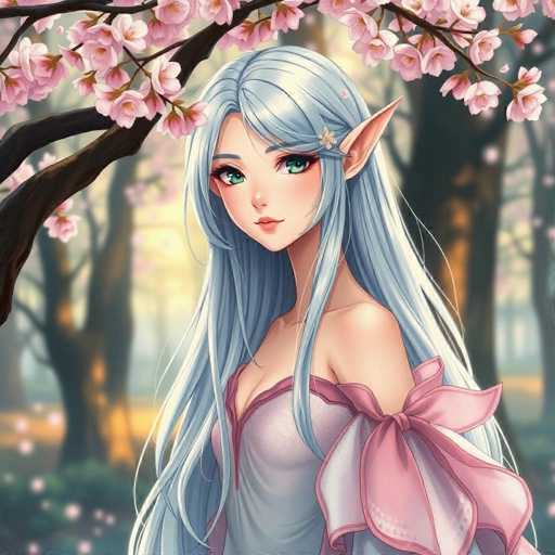 This image features a beautifully detailed, computer-generated anime-style character of an elf girl. She has long, flowing silver hair that cascades down to her waist, with a delicate strand draped over her forehead. Her striking green eyes are accentuated by long, black eyelashes, and her lips are painted a soft pink. A small star adorns her left temple, adding a whimsical touch to her appearance. Her pointed ears, reminiscent of a fairy, enhance her ethereal look.

She is dressed in a light purple gown with darker purple trim, which elegantly drapes off her left shoulder. A large, pink bow embellishes the dress, adding a touch of charm. The background is a serene forest scene, with sunlight filtering through the trees, casting a warm glow on the ground. Pink flowers and lush green grass surround her, creating a picturesque and enchanting setting.