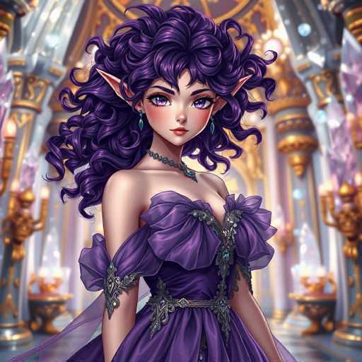 The image depicts a woman with long, curly hair wearing a purple dress adorned with gold accents and a matching necklace. She is standing in front of a grand, ornate room filled with crystal chandeliers that cast a warm glow throughout the space. The background features intricate designs and patterns on the walls, adding to the opulence of the scene.