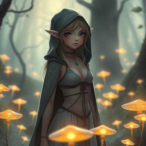 In this captivating fantasy illustration, a young female elf stands gracefully in a mystical forest. She is adorned in a flowing gray dress that complements her ethereal presence. Her attire is accentuated by a delicate necklace featuring a teardrop-shaped blue gem, adding a touch of enchantment to her ensemble. A matching gray cloak with intricate swirls on the sleeves drapes elegantly over her shoulders, providing a sense of both protection and style.

Her long, dirty blonde hair cascades down her back, framing her pointed ears that peek out from beneath her cloak. Her large, expressive blue eyes and small, pink lips give her a serene and captivating expression. The elf's arms rest naturally at her sides, exuding a sense of calm and poise.

The background is a mesmerizing tapestry of nature, with a prominent tree trunk on the right side and a hill adorned with glowing yellow mushrooms on the left. The forest is filled with tall, slender trees, their branches reaching towards the sky, creating a canopy that filters the light. The scene is bathed in a soft, yellowish light, enhancing the magical and serene atmosphere of this enchanting woodland setting.