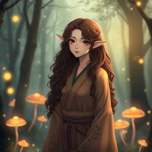 This image features a beautifully detailed, computer-generated illustration of an anime-style female character standing in a mystical forest. The character has long, wavy brown hair cascading down to her waist and striking golden eyes. She possesses distinct pointed ears, reminiscent of elven or fairy features, adding to her otherworldly appearance. She is dressed in a traditional kimono with a green collar and a brown sash tied around her waist. The kimono is adorned with intricate floral patterns, enhancing her elegant look.

The background sets a magical scene with a dense forest of tall, slender trees. The forest floor is dotted with glowing mushrooms, each with a brown stem and a red cap, topped with a yellow dot that emits a soft light. The overall atmosphere is enhanced by the presence of numerous floating yellow orbs, resembling fireflies, which add a touch of enchantment to the scene. The combination of these elements creates a captivating and ethereal environment, perfectly complementing the character's mystical aura.