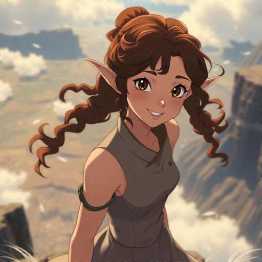This detailed illustration depicts a young female elf, characterized by her pointed ears and expressive features. She has long, curly brown hair styled into two braids that drape over her shoulders. Her large, brown eyes are accentuated with long eyelashes, and she has a small, pointed nose and a gentle smile. The elf is dressed in a sleeveless, gray dress that features a green band around her left bicep. The background showcases a vast, rocky canyon with towering cliffs and a sky filled with clouds, adding a sense of depth and adventure to the scene.