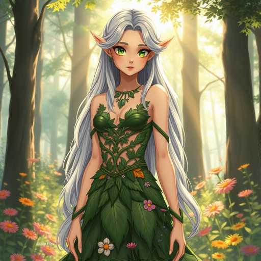 This detailed illustration depicts a young female elf standing in a lush forest. She has long, flowing gray hair and striking green eyes, with pointed ears that enhance her elven appearance. Her attire is a unique dress made entirely of green leaves, intricately designed to cover her chest and waist while leaving her arms bare. The dress features a leafy belt and is adorned with a few delicate flowers, adding a touch of color to her verdant ensemble. The background is a serene forest filled with tall trees and vibrant flowers, creating a harmonious and enchanting environment that complements the elf's natural beauty.