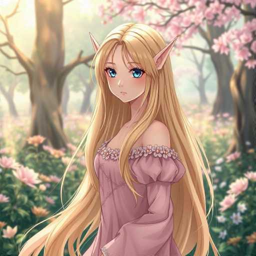 This image features an anime-style character with long, flowing blonde hair that cascades down to her waist. She has striking blue eyes and pointed ears, suggesting she might be an elf or a fairy. The character is dressed in a pink dress adorned with floral patterns around the neckline and sleeves. She stands in a lush, forested area, surrounded by trees and an abundance of pink flowers, creating a magical and enchanting atmosphere.