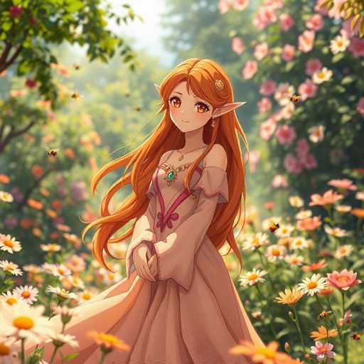 A captivating anime-style illustration features a young girl with long, flowing red hair adorned with a delicate yellow flower. Her large, expressive brown eyes and pointed ears give her an ethereal appearance. She is dressed in a flowing pink gown with a single strap over her left shoulder, and a pink bow accentuates the front of her dress. A striking blue gemstone pendant hangs from her neck, adding a touch of elegance to her attire. The girl stands amidst a vibrant field of flowers, with yellow daisies and pink blossoms surrounding her. The background is a lush green, dotted with trees and a clear blue sky, creating a serene and enchanting atmosphere.