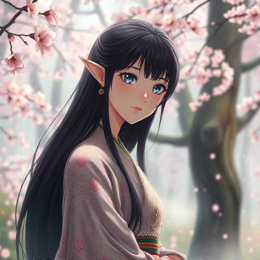 This image features a detailed drawing of an anime-style female character with distinct elven features. She has long, flowing black hair that cascades down her back, with bangs framing her face. Her large, expressive blue eyes are accentuated by long eyelashes, and her small, pointed ears extend outward, giving her a distinctly elven appearance. She is adorned with a single earring on her right ear, adding to her mystical allure.

The character is dressed in a traditional Japanese kimono, which is predominantly white with intricate pink floral patterns. The kimono is further embellished with gold trim along the edges, adding a touch of elegance and sophistication. A green and red sash cinches her waist, completing the attire.

The background of the image is a serene, misty forest filled with cherry blossom trees. The trees are adorned with delicate pink blossoms, and the ground is covered in lush green grass, creating a tranquil and enchanting atmosphere. The overall composition of the image beautifully blends the character's ethereal presence with the natural beauty of the elven forest setting.