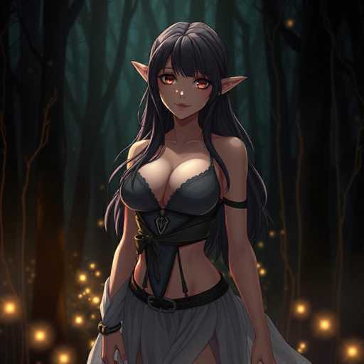 A woman with long dark hair and a black dress stands in front of a forest filled with trees and glowing lights.