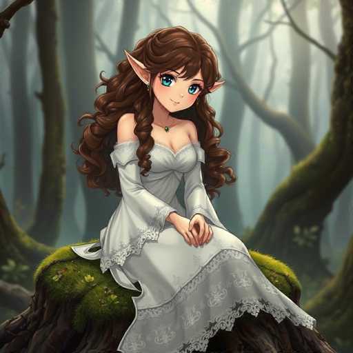 In this captivating image, a young woman with strikingly large blue eyes and long, curly brown hair sits gracefully on a moss-covered tree stump. Her pointed ears, reminiscent of an elf, add a touch of fantasy to her appearance. She is adorned in a beautiful white dress that features intricate lace detailing along the bottom hem and sleeves, which elegantly drape off her shoulders. A delicate green gemstone necklace complements her attire, adding a pop of color to her ensemble. The background is a serene forest, with tall trees and a soft, misty atmosphere that enhances the ethereal quality of the scene. The woman's gentle smile and relaxed posture exude a sense of tranquility and enchantment, making the viewer feel as though they have stumbled upon a magical moment in the woods.
