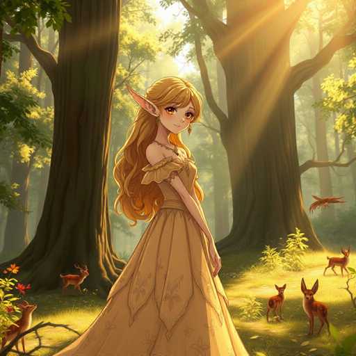 A woman with long blonde hair and a flowing dress stands in a lush forest surrounded by deer and other woodland creatures.