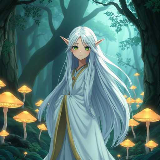 The image depicts a detailed, computer-generated anime-style drawing of a young female character standing in a mystical forest. She has long, flowing white hair that cascades down to her waist, with bangs partially covering her face. Her striking green eyes are accentuated by a small nose and a pointy chin. She wears a white robe adorned with gold trim and a gold sash tied at her waist, which features a red brooch at the neckline. Her pointed ears, reminiscent of an elf or fairy, add to her ethereal appearance.

The forest around her is dense and dark, with towering trees that create a canopy overhead. The ground is covered in lush green grass and dotted with numerous glowing yellow mushrooms, which cast a soft light throughout the scene. The overall atmosphere is one of enchantment and mystery, with the character appearing serene and at peace in her magical surroundings.