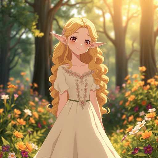 This image features a beautifully animated character, a young girl with long, curly blonde hair that cascades down to her waist. She has striking brown eyes and pointed ears, giving her an elf-like appearance. The girl is dressed in a beige dress adorned with intricate floral patterns, including a V-neckline embellished with flowers and vines. A green belt cinches her waist, adding a touch of color to her attire. She stands in a lush forest, surrounded by tall trees and vibrant flowers in shades of orange, white, purple, and pink. The scene is bathed in sunlight, which filters through the trees, creating a warm and enchanting atmosphere. The girl's expression is serene and content, as she gazes directly at the viewer, exuding a sense of peace and wonder.
