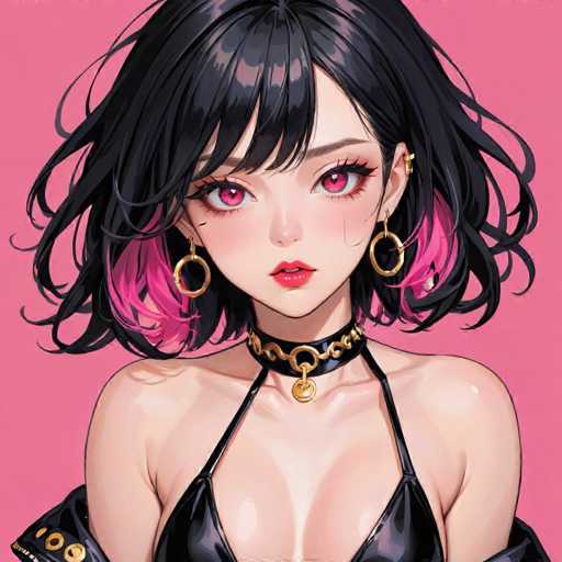 This image features a striking anime-style female character set against a vibrant pink background. The character has captivating pink eyes and black hair that transitions to pink at the ends. She is adorned with gold hoop earrings and a choker necklace that has a gold pendant. Her attire includes a black leather top that reveals a significant amount of cleavage, and she wears a black leather jacket with gold accents on the sleeves. The character's expression is one of surprise, with her mouth slightly open, and she has a small mole on her right cheek. The overall composition is visually dynamic, with the character's pose and expression drawing immediate attention.
