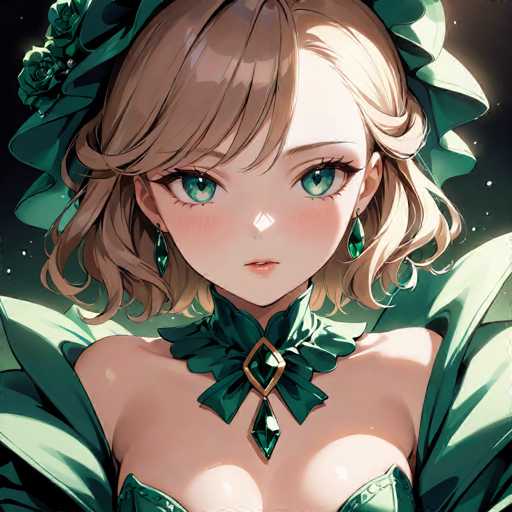 This image features a detailed drawing of an anime-style girl with a light complexion. She has short, wavy blonde hair adorned with a green floral headpiece that resembles a ruffled hat. Her large, expressive green eyes are accentuated by long eyelashes and a small nose. She is wearing green earrings and a green choker necklace with a gold border, which has a green gemstone hanging from it. Her attire includes a green dress with a low neckline, revealing her shoulders and chest. The background is a dark, almost black color, with small white dots scattered around her, adding a subtle sparkle to the scene.