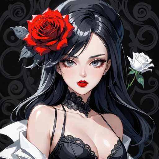 This image features a striking anime-style female character with long, flowing black hair adorned with a vibrant red rose on the left side of her head. Her expressive gray eyes are framed by long, dramatic eyelashes, and her lips are painted a bold red. She is dressed in a black corset with thin straps, complemented by a black choker around her neck. A white jacket is draped over her shoulders, adding a contrasting element to her ensemble. The background is a deep black, embellished with intricate gray swirls that enhance the overall dramatic effect of the scene.