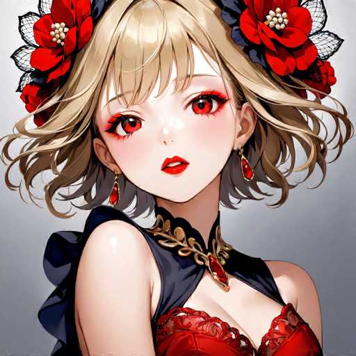 This detailed illustration depicts a young woman in her early 20s, rendered in a style reminiscent of anime or manga. She has light brown hair styled with bangs that partially cover her forehead, and her hair is adorned with red flowers and black netting. Her large, expressive eyes are a striking red, framed by long eyelashes and accentuated with red eyeshadow. She wears bright red lipstick that complements her fair complexion.

Her attire is equally elaborate, featuring a black dress with a red corset-like top. The dress is detailed with a gold leaf pattern around the collar, which is fastened with a prominent red gem. She also wears matching red earrings, each set with a red gemstone. The background of the image is a muted gray, which helps to highlight the vivid colors and intricate details of her appearance.