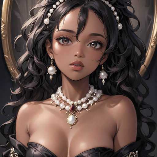 This image features a detailed, computer-generated illustration of a young woman with a light brown complexion. She has long, wavy black hair adorned with a pearl headband that elegantly drapes over her forehead. Her large, expressive brown eyes are framed by long eyelashes, and her full lips are slightly parted, revealing her top teeth. She wears a pair of dangling earrings, each featuring a prominent pearl at the bottom. Around her neck, she sports a multi-layered pearl necklace, with a large central pearl pendant that is flanked by smaller pearls and a striking red gemstone. Her attire includes a black dress that is low-cut, revealing her shoulders and chest, and it appears to be made of a shiny material. The background is a dark gray, and a gold-framed mirror is visible behind her, adding a touch of elegance to the scene.
