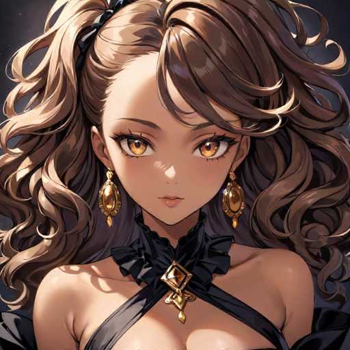 This image features a detailed, close-up drawing of a young woman with light skin and striking brown eyes. She has long, wavy brown hair that cascades down to her shoulders, adorned with a black bow on the left side. Her hair is parted in the middle, with bangs sweeping to the right side of her face. She wears large, dangling gold earrings that resemble teardrops, adding a touch of elegance to her appearance.

Her attire is a black dress with crisscross straps that accentuate her shoulders and chest. The dress is complemented by a black bow tie at the neckline, which is fastened with a gold clasp. The background of the image is a dark gray, almost black, which contrasts with her light skin and hair, making her features stand out prominently. The overall composition of the drawing is square, focusing closely on the woman's face and upper body, with no other elements or text present in the image.