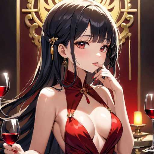 This image features an anime-style female character with long, flowing black hair adorned with a gold barrette. She has striking red eyes and is wearing a low-cut red dress that accentuates her large chest. The character is holding a glass of red wine in her right hand, while her left hand is raised to her mouth, with her index finger resting on her lips. The background is a rich red color, and there are two additional glasses of red wine placed on a table beside her. A lit candle in a gold holder adds a warm glow to the scene. The character's expression is one of intrigue, as she gazes directly at the viewer.