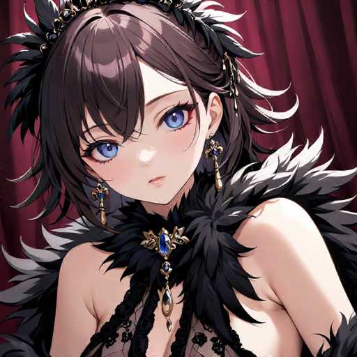 The image depicts a striking anime-style woman with a captivating appearance. She has large, expressive blue eyes and short brown hair that is styled with bangs partially covering her forehead. Her hair is adorned with black feathers, adding a dramatic flair to her look. She is wearing elegant earrings that feature a blue gemstone at the top, followed by a gold section, and ending with a dangling gold piece. Around her neck, she sports a black feathered choker that is embellished with a blue gemstone at its center, from which a gold chain dangles, adorned with additional blue and gold gems. Her attire includes a black lace garment that is partially visible, adding to her sophisticated ensemble. The background is a rich burgundy color, resembling a curtain, which enhances the overall dramatic and elegant atmosphere of the image.