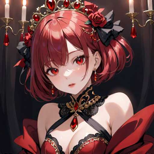 This image features a striking anime-style character with vibrant red hair and matching red eyes. She is adorned with a regal gold crown embellished with red jewels, which complements her elaborate hairstyle. Her hair is styled with black bows and additional red roses, adding to her majestic appearance. She wears a red dress with black lace accents and a black collar, which is further adorned with red jewels. The dress has black straps that crisscross over her chest, adding a touch of elegance. Her pale skin contrasts beautifully with her vivid hair and attire. The background is a dark gray, and she is illuminated by candlelight, which casts a warm glow on her face. The character is looking directly at the viewer, creating a captivating and intense visual effect.