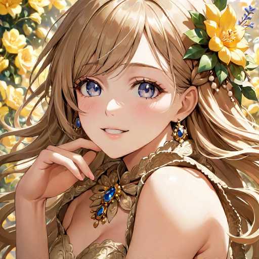 This detailed anime-style illustration features a young woman with long, wavy blonde hair adorned with a yellow flower and green leaves. She has large, expressive blue eyes and is wearing blue and gold earrings that match her ornate necklace. The necklace is a striking piece with a central blue gemstone surrounded by smaller gold and blue stones. She is dressed in a gold, leaf-patterned dress that complements her jewelry. The woman is posed with her right hand raised to her chin, giving a thoughtful expression as she looks directly at the viewer. The background is filled with vibrant yellow flowers, adding a lively and colorful backdrop to the scene.
