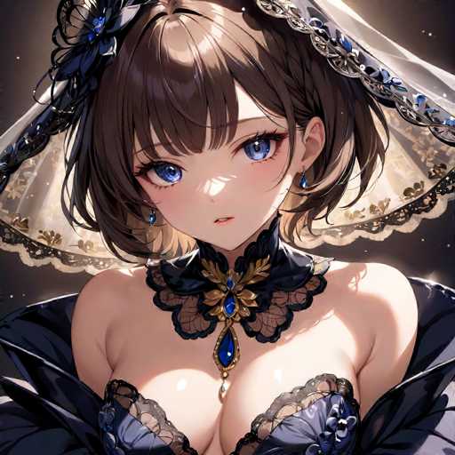 The image depicts a detailed anime-style drawing of a young woman with a light complexion. She has short brown hair that falls just below her ears, adorned with a blue flower on the left side. Her large blue eyes are accentuated by long eyelashes, and she has a small, slightly open mouth. She is wearing a black dress with a high collar that features a gold and blue emblem in the center. The dress is low-cut, revealing her bare shoulders and chest. A white veil with a black border and blue flowers cascades from the back of her head. The background is a dark gray, almost black, with scattered white dots, giving the impression of a starry night sky. The overall composition focuses on the woman's face and upper body, with the intricate details of her attire and the ethereal background enhancing the anime aesthetic.