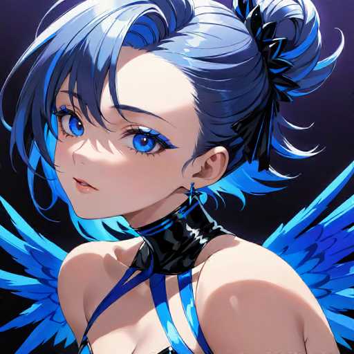 The image shows an anime character with blue hair and wings. The character is wearing a black collar and has a bow on her head. She is looking directly at the camera with a serious expression.