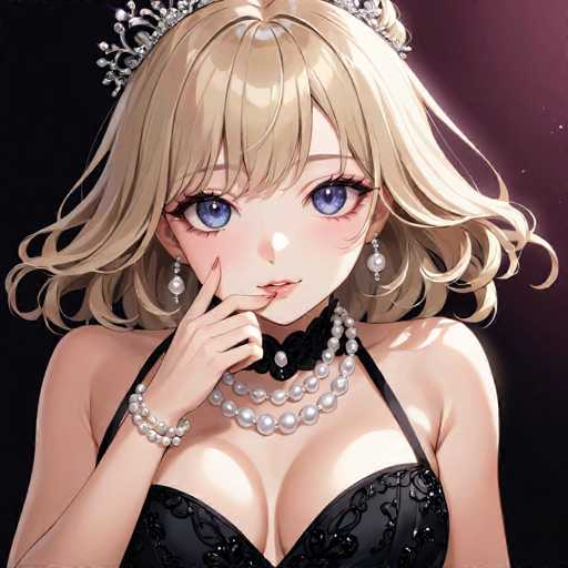 This image features a detailed drawing of an anime-style woman with a fair complexion. She has large, expressive blue eyes and long, flowing blonde hair adorned with a silver tiara. Her outfit consists of a black corset-style top, complemented by a double strand of white pearls around her neck. She accessorizes with a black choker, pearl earrings, and a pearl bracelet on her right wrist. The woman's right hand is raised, with her index finger gently touching her lips, giving her a thoughtful or slightly shy expression. The background is a gradient of dark purple to black, adding depth to the overall composition.