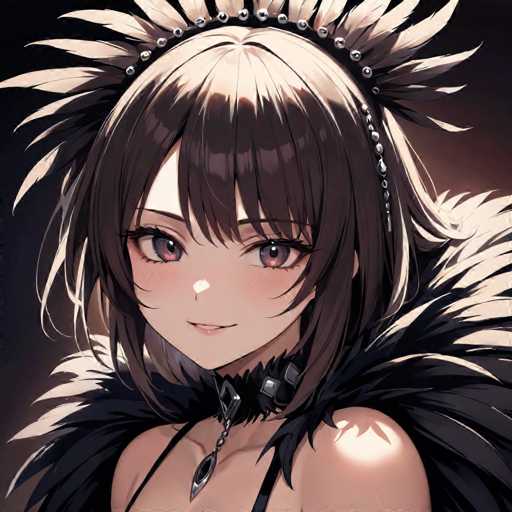 This image features a striking anime-style character with a unique blend of traditional and futuristic elements. The character has long, flowing hair that transitions from a dark brown at the roots to a lighter brown at the tips, creating a gradient effect. Her eyes are a captivating mix of purple and pink, adding to her otherworldly appearance.

Adorning her head is an intricate headpiece that resembles a crown, crafted from silver beads and black feathers. This headpiece extends down to her shoulders, forming a dramatic collar that frames her face. Around her neck, she wears a choker-style necklace with a prominent silver pendant, adding a touch of elegance to her ensemble.

The character's attire includes a black corset that accentuates her figure, with thin black straps visible on her shoulders. The overall color palette of the image is dominated by shades of black, brown, and silver, with subtle hints of pink and purple in her eyes and cheeks. The background is a deep black, which further emphasizes the character's detailed and vibrant design.