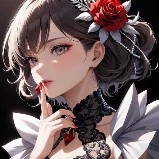 The image features a detailed drawing of a young woman, likely in her late teens or early twenties, with a distinctly anime-inspired style. She has long, dark brown hair adorned with a large red rose and white leaves, complemented by a pearl chain. Her eyes are a striking grayish-brown, and she wears red lipstick. She is dressed in a black lace choker with a prominent red jewel at the center, and her shoulders are covered by white, fluffy fabric. The woman is posed with her right hand raised to her lips, her index finger gently touching her bottom lip, giving a sense of mystery or contemplation. Her nails are painted red, matching the jewels on her choker. The background is black, which makes her figure stand out prominently.