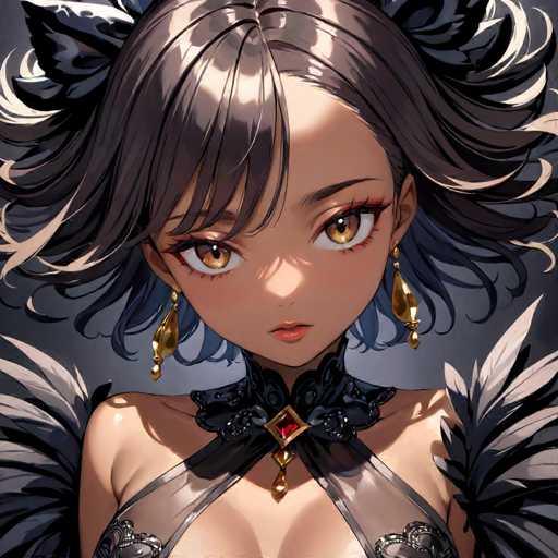 This image features a detailed drawing of an anime-style woman with a striking appearance. She has long, flowing black hair that cascades down to her shoulders, with bangs partially covering her large, expressive brown eyes. Her face is adorned with subtle makeup, including a hint of red lipstick, and she wears elegant gold earrings shaped like teardrops. The woman is dressed in a black choker that complements her outfit, which includes a sheer black top with a heart-shaped design at the bust. Her shoulders are bare, and the top appears to be made of a delicate, see-through material. Adding to her sophisticated look, she has black feathers on either side of her shoulders, enhancing the overall dramatic effect of her attire.