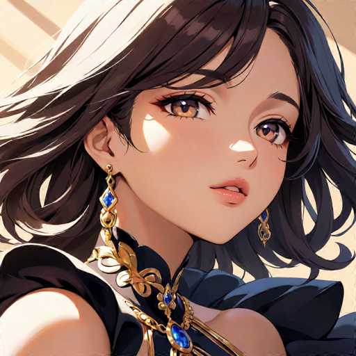 This detailed illustration depicts a young woman in an anime style, characterized by her large, expressive eyes and delicate features. She has long, wavy brown hair that cascades down to her shoulders, with a subtle blue tint on the right side. Her eyes are a captivating blend of brown and hazel, accentuated by long eyelashes and a touch of pink lipstick. She is adorned with elegant gold earrings featuring blue stones, and a matching gold necklace with a prominent blue gemstone. Her attire is a striking black dress with a high collar and a ruffled design that leaves her shoulders bare. The background is a soft beige, providing a neutral contrast to her dark clothing and vibrant hair. The overall composition focuses on her head and shoulders, capturing her serene and slightly pensive expression.