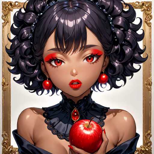 This image features a detailed, anime-style drawing of a woman with striking features. She has long, curly black hair adorned with a silver headband. Her eyes are a vivid red, complemented by bright red eyeshadow and matching red lipstick. She is wearing a black dress with a high collar that extends up to her neck, and the dress has a lacy design around the neckline. The dress is off-the-shoulder, revealing her shoulders. She accessorizes with red ball-shaped earrings and a red gem necklace. In her left hand, she holds a shiny red apple, with her red fingernails visible. The background is a plain white, and the image is framed by a gold border.