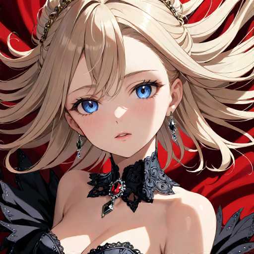 This image features a detailed drawing of an anime-style female character. She has light brown hair with bangs that partially cover her large, expressive blue eyes. Her face is adorned with a small nose and a tiny mouth, giving her a delicate appearance. She is wearing a black choker with a prominent red jewel at its center, adding a touch of elegance to her look. Her attire includes a black dress with a low neckline, revealing some cleavage. The dress is intricately designed with black feathers on the shoulders, which are decorated with small jewels. She accessorizes with silver earrings that dangle from her ears, completing her sophisticated ensemble. The background is a rich red, resembling a luxurious velvet curtain, which adds depth and contrast to the overall composition.