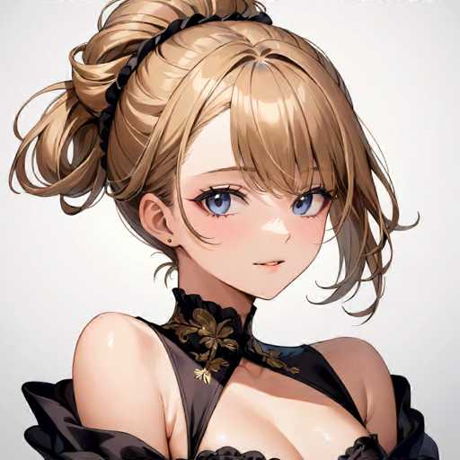 This image features a detailed, computer-generated anime-style illustration of a young woman. She has light brown hair styled in a half-up, half-down manner, with a black hair tie securing the top portion. Her bangs are slightly curled, framing her face. The woman has striking blue eyes accentuated by black eyeliner and mascara, and her eyebrows are a light brown shade. Her complexion is fair, and she has a subtle blush on her cheeks. She is adorned with small stud earrings and is dressed in a black, lacy outfit that features a high collar and a deep neckline, revealing some cleavage. The image captures her from the chest up, set against a light gray background.