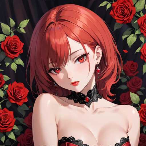 This image features a striking anime-style illustration of a woman with vibrant red hair and matching red eyes. She is adorned with a choker that has a prominent red jewel at its center. Her attire includes a red corset with black lace detailing, which is visible at the top of the image. The woman's lips are painted a bold red, and she wears dangling earrings that also feature red jewels. Surrounding her are numerous red roses, adding to the overall intensity of the red theme in the artwork. The background is a deep black, which contrasts sharply with the vivid colors of the subject and the roses. The woman's gaze is directed to the right, and her expression is neutral, with no visible smile. The image is cropped just below her chest, focusing on her upper body and face.