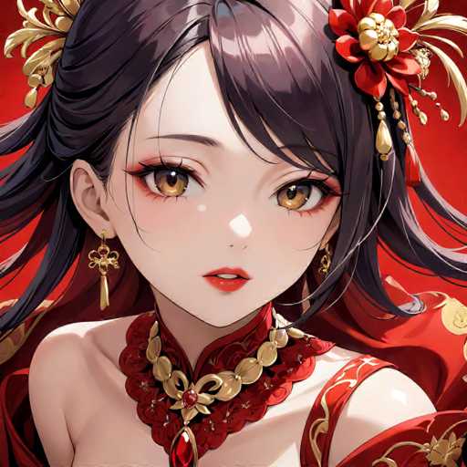 The image features a striking anime-style woman with a light complexion and expressive brown eyes. Her hair is a blend of black and gray, styled with a side part that gracefully falls over her forehead. She is adorned with elegant gold earrings that dangle from her ears, adding a touch of sophistication to her appearance. Around her neck, she wears a distinctive red choker necklace embellished with gold accents and a prominent red jewel at its center. Her attire is equally captivating, consisting of a red dress with intricate gold designs that complement her overall look. The background is a bold red, which enhances the vividness of her features and attire.