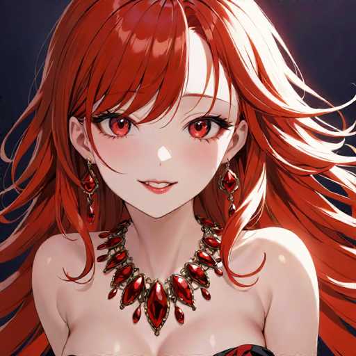 The image features a striking anime-style female character with vibrant red hair that cascades down to her waist, partially covering her shoulders. Her hair is adorned with delicate bangs that frame her face. She has captivating red eyes and a fair complexion, accentuated by a subtle blush on her cheeks. Her lips are painted a soft pink, and her mouth is slightly open, revealing her top teeth.

Her attire includes a strapless top, which is only partially visible, showcasing a hint of cleavage. Around her neck, she wears an elaborate red necklace that features a prominent central gemstone, flanked by smaller red stones on either side. The necklace is further embellished with additional red gems hanging from the bottom, adding to its ornate design.

She accessorizes with dangling red earrings that match the necklace, each adorned with a large central gemstone and smaller stones hanging below. The background of the image is a deep black, which contrasts sharply with her vibrant red hair and attire, making her stand out even more.