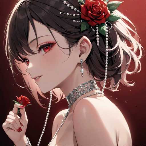 This image features a striking anime-style woman with a captivating appearance. She has short, wavy black hair adorned with a red rose and a string of pearls that elegantly drapes down her back. Her eyes are a mesmerizing red, and she wears a diamond-shaped earring on her left ear. Around her neck is a thick, silver choker that complements her overall look. Her nails are painted a vibrant red, and she holds a rose delicately in her hand. The background is a rich burgundy color, which enhances the dramatic and elegant atmosphere of the scene.