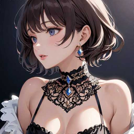 The image features a detailed, computer-generated depiction of an anime-style woman. She has short, dark brown hair with bangs that partially cover her blue eyes. Her face is adorned with a subtle blush, and she has a small, pointed nose and a slightly open mouth, revealing a glimpse of her teeth. She is wearing a black choker with intricate lace and gold accents, adorned with three blue gemstones. Her attire includes a black dress with thin straps and a white ruffled fabric on the shoulders, which is visible on both sides of her arms. The background is a dark gray, almost black, with a light source illuminating her from the right side, casting a gentle glow on her face and hair.