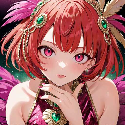 The image features a striking anime-style character with vibrant red hair and matching red eyes. She is adorned with a golden headpiece embellished with green jewels, which elegantly drapes over her hair. Her attire is a dazzling red dress, intricately trimmed with gold and adorned with a prominent green jewel at the center. The character's pose is captivating, with her hand gently touching her chin, and her nails are painted a vivid red. Surrounding her are large, pink feathers that add a dramatic flair to the scene. The background is a mesmerizing gradient of green and black, dotted with white specks that resemble stars, enhancing the overall magical and ethereal atmosphere of the image.