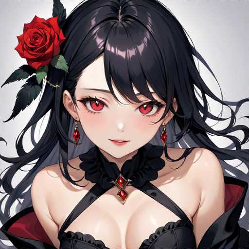This image features a detailed drawing of an anime-style woman with long, flowing black hair adorned with a red rose on the left side of her head. Her striking red eyes are accentuated by long eyelashes, and she has a small, delicate nose. She is wearing red earrings that match the rose in her hair. The woman is dressed in a black corset with a frilly black collar, which is fastened with a red and silver brooch. The corset is complemented by a black jacket with a red interior. Her skin is pale, and the background of the image is a light gray, providing a subtle contrast to her dark attire and vibrant features.