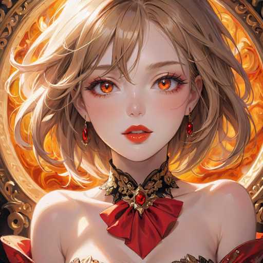 This image features a detailed, computer-generated anime-style portrait of a young woman. She has short, wavy blonde hair with bangs that partially cover her forehead, and her expressive orange eyes are framed by long eyelashes. Her lips are painted a striking orange-red, and she wears dangling red earrings. The woman is adorned in a red dress with a gold collar, which is decorated with a prominent red gem at the center. The dress has a deep neckline, revealing her bare shoulders. Behind her, a large, ornate gold circle with intricate designs serves as a dramatic backdrop, enhancing the overall regal and elegant appearance of the character.