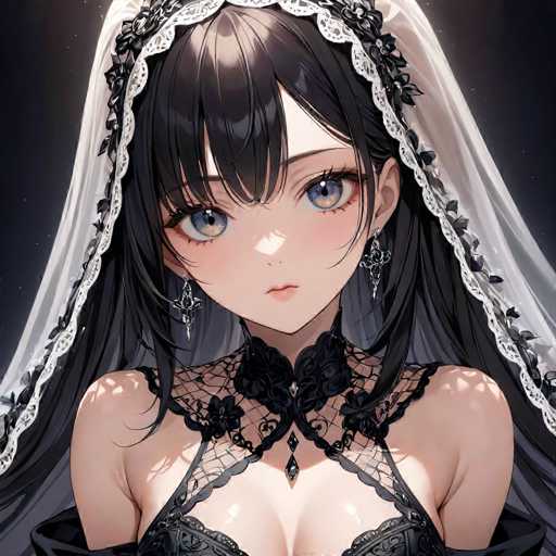 This image features a detailed drawing of an anime-style woman with long, dark hair that cascades down to her waist. She has striking blue eyes and is adorned with a white veil embellished with black lace and flowers. Her attire includes a black lace dress with a high collar, complemented by a black choker necklace that has two teardrop-shaped jewels hanging from it. The woman's expression is neutral, and she is looking directly at the viewer. The background is a dark gray, almost black, which accentuates the intricate details of her outfit and veil.