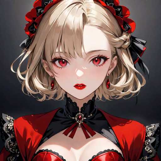 This detailed illustration depicts a young woman in an anime style, characterized by her distinct features and attire. She has short blonde hair styled with bangs that partially cover her forehead, and the rest of her hair is pulled back into a ponytail. Her hair is adorned with a red and black floral headband, adding a touch of elegance to her appearance. Her eyes are a striking red, complemented by her red lipstick, which enhances her expressive face. She is dressed in a red and black outfit, featuring a high collar that extends up to her neck. The outfit includes a red corset with black trim, visible at the top of her chest. The shoulders of her dress are accentuated with black lace, adding intricate detail to her attire. The background of the image is a solid gray, which helps to highlight the vibrant colors of her outfit and hair.
