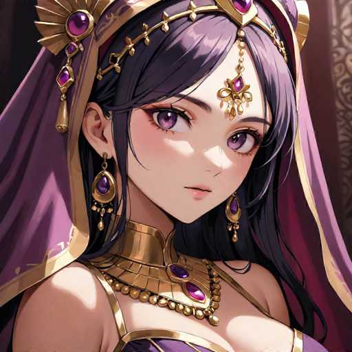 The image depicts a detailed drawing of a woman with striking features. She has long, flowing black hair that cascades down her back, partially covering her shoulders. Her hair is adorned with a golden headband that features intricate designs, including a central purple gemstone. The headband is further embellished with golden elements that resemble a crown, adding to her regal appearance.

Her eyes are a captivating shade of purple, and she has a pointed chin that accentuates her delicate facial features. She is wearing a purple dress with golden trim, which complements the headband and adds to her elegant look. Around her neck, she wears a golden necklace that is also adorned with purple gemstones, matching the theme of her attire.

The background of the image is a rich purple color, which enhances the overall regal and mystical atmosphere of the drawing. The woman's gaze is directed to the right, giving her a contemplative and serene expression. The combination of the purple hues, golden accents, and the woman's ethereal appearance creates a captivating and otherworldly scene.
