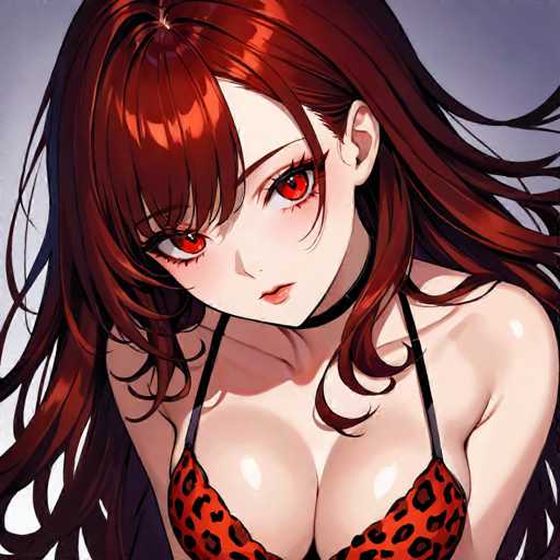 This image features a detailed drawing of an anime-style woman with long, flowing red hair that cascades down to her waist. Her hair is adorned with bangs that partially cover her large, expressive red eyes, which are accentuated by long eyelashes. She has a fair complexion and is wearing a black choker around her neck. The woman is dressed in a red bikini top with black leopard print, which reveals her bare arms and shoulders. Her lips are slightly parted, adding to her captivating expression. The background is a gradient of gray, lighter on the left side and darker on the right, providing a subtle contrast that highlights the character. The overall composition focuses on her head and upper body, emphasizing her striking features and attire.