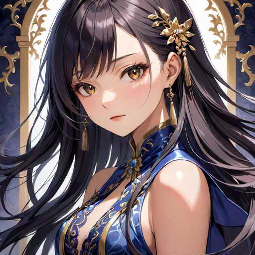 This image features a detailed drawing of an anime-style woman. She has long, flowing black hair adorned with a gold flower clip on the right side of her head. Her large, expressive brown eyes are accentuated by her small, delicate features, including a tiny nose and a small mouth. She is wearing a blue dress with gold trim, which has a deep neckline that reveals some cleavage. The dress is sleeveless, showcasing her bare arms. She also sports long, dangling earrings that add to her elegant appearance. The background is a light blue color, framed by a gold archway, which enhances the overall composition of the drawing.