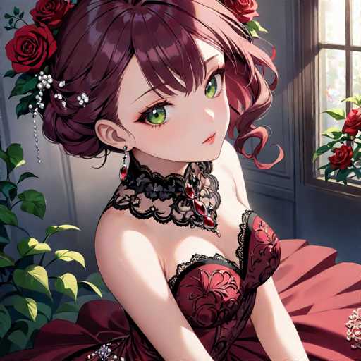 The image depicts a detailed, computer-generated anime-style illustration of a young woman with a light complexion. She has striking green eyes and her dark brown hair is styled in a bun adorned with red roses and white flowers. Her attire is a red, lacy dress with black accents, featuring a low-cut neckline and a choker collar that is also red and black. The dress has a poofy skirt and is complemented by dangling earrings with red gemstones. The woman is seated on a bed, with a window to her right that offers a view of a garden outside. The scene is richly colored, with hues of red, green, white, black, and gray, and the overall composition suggests a serene, intimate setting.